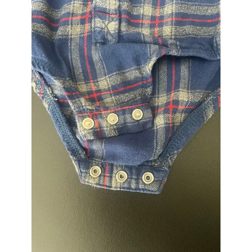 OshKosh Bgosh Baby Blue Plaid Flannel Button Front Bodysuit 18M (1050)
